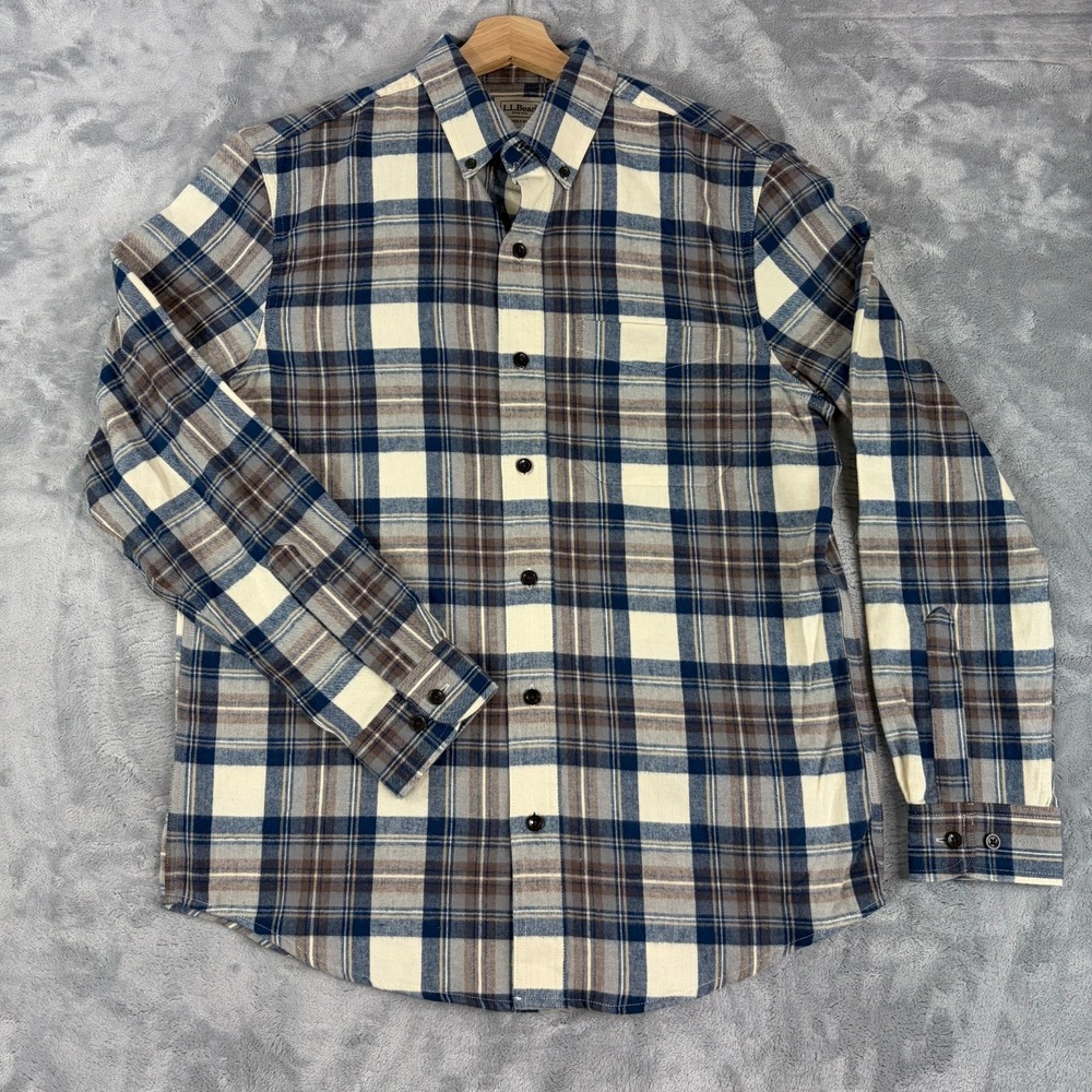 LL Bean Flannel Shirt Mens Medium Slightly Fitted Gray Blue Plaid Outdoors